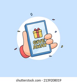 Hand Holding Smart Phone With Gift Box Present Vector Illustration For Social Media Online Giveaway Poster Promotion