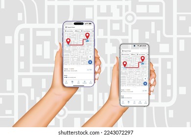 Hand holding smart phone with GPS navigation, Smartphone map application and red pinpoint on screen, App search map navigation, navigation idea for GPS application. Vector.