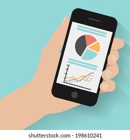 Hand holding smart phone with graphs on modern background. Flat design 