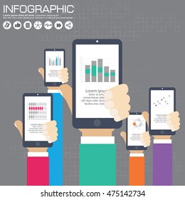 Hand holding smart phone with graphs on modern background. Flat design