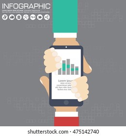 Hand holding smart phone with graphs on modern background. Flat design