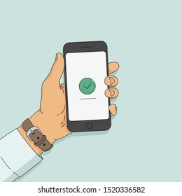 Hand holding smart phone with green arrow on it's display. Copy spase screen. Hand drawn vector illustration.