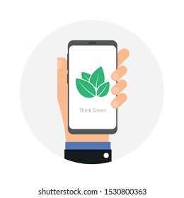 Hand holding smart phone with green leaves icon on display, vector stock illustration.