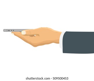 Hand Holding Smart Phone Horizontally Side View. Businessman Hand Holds The Phone Sideways. Vector Illustration In Flat Design.