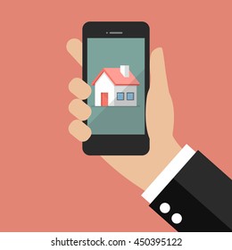 Hand holding smart phone with house icon. vector illustration