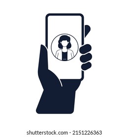Hand holding smart phone icon with female avatar on screen black and white vector illustration. Isolated on white background