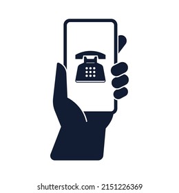 Hand Holding Smart Phone Icon With Old Phone On Screen Black And White Vector Illustration. Isolated On White Background