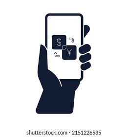 Hand holding smart phone icon with money exchange on screen black and white vector illustration. Isolated on white background