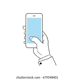 Hand holding a smart phone illustration. blank blue screen cell phone. Hand draw line art vector illustration.