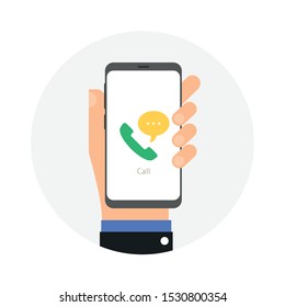 hand holding smart phone with incoming call, outgoing call, call waiting icon on display, vector and illustration. 