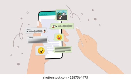 Hand holding smart phone. Incoming message communication concept, social networking concept vector flat cartoon illustration.