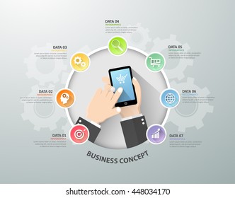 Hand holding smart phone infographic template, Business concept infographic can be used for workflow layout, diagram, number options, timeline or milestones project.