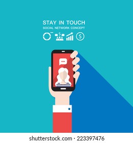 Hand holding smart phone and make a video call. Modern flat design. Communication in the network concept.  Vector illustration