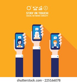 Hand holding smart phone and make a video call. Modern flat design. Communication in the network concept. Business and personal relationships. Vector illustration