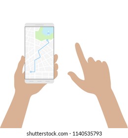 Hand holding smart phone with map and route. Mobile gps navigation and tracking concept. Location track app on touch screen smartphone. Flat vector cartoon illustration in EPS 8 format