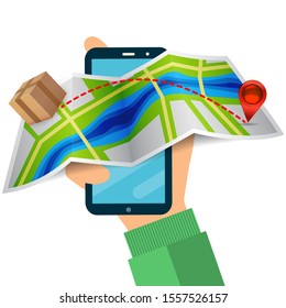 Hand holding smart phone with a map with a delivery route, box and location mark. Order delivery online tracking. Colorful vector illustration in flat cartoon style for print and web projects. 