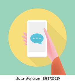 hand holding smart phone with message notification icon on display, vector and illustration.
