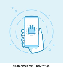 Hand holding smart phone on blue background. Modern vector outline mobile app design set of handbags online shopping.