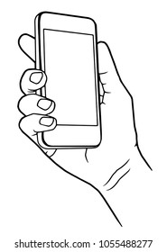 Hand holding smart phone on red background. Mobile phone in hand. Vector illustration.