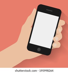 Hand Holding Smart Phone On Red Background. Flat Design