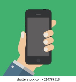 Hand holding smart phone on red background. Flat design