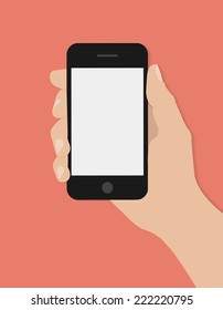 Hand Holding Smart Phone On Red Background. Flat Design 