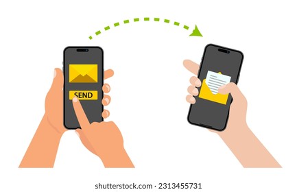 Mano sosteniendo un teléfono inteligente en la pantalla del sobre y pulsando el botón de envío, mientras aparece una notificación en la pantalla del smartphone que indica un mensaje nuevo. Vector.
