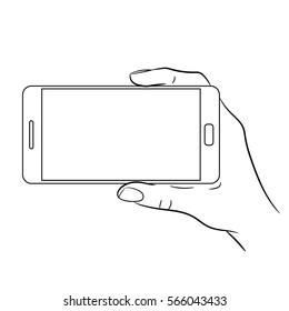 hand holding a smart phone on white background of monochrome vector illustrations