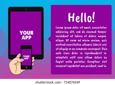 Hand holding smart phone on abstract background. Vector banner with mobile phone and tablet