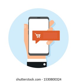 hand holding smart phone with online cart shopping icon showing on display, vector and illustration.