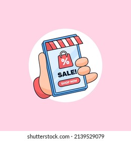 Hand holding smart phone with online shop sale discount social media poster. shopping bag with stripped awning roof store on screen icon vector illustration