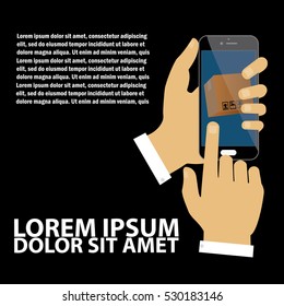 Hand holding smart phone with parcel box on the screen.