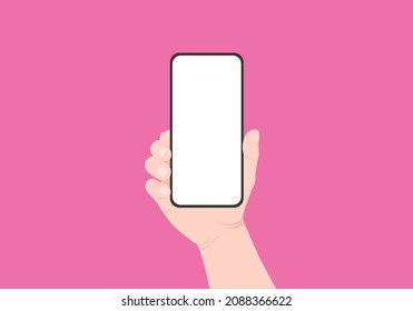 Hand holding a smart phone with pink background, for mock up, Vector EPS-10.
