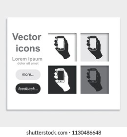 Hand holding smart phone placed on web page template flat vector icon.