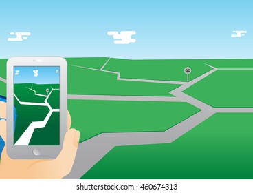 Hand Holding Smart Phone. Play a Mobile Game Using Location Information .Vector Illustration