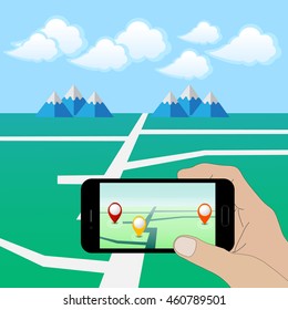 Hand Holding Smart Phone. Play a Mobile Game Using Location Information .Vector Illustration