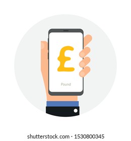 Hand holding smart phone with pound icon on display, vector stock illustration.