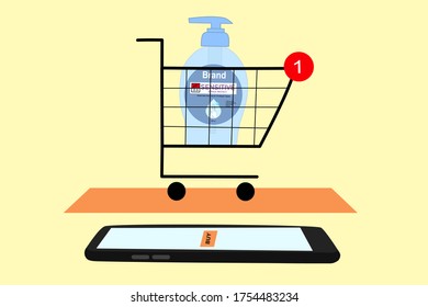Hand holding smart phone and pressing buy button on the screen. Contactless online purchase of goods using your phone. Use Hand Soap pump bottle. Wireless technology. Home delivery.