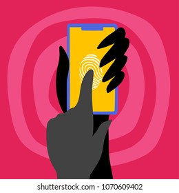 Hand holding smart phone with process of scanning fingerprint on the screen. Flat style vector illustration