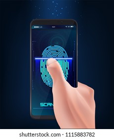 Hand holding smart phone with process of scanning fingerprint on the screen. Flat style vector illustration