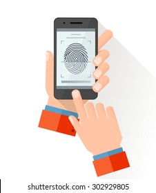 Hand holding smart phone with process of scanning fingerprint on the screen. Flat style vector illustration
