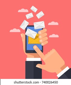 Hand holding smart phone and receiving online mail envelops. Electronic modern technology email communication concept. Vector flat cartoon illustration