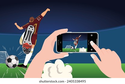 Hand holding smart phone record soccer competition match in football stadium and live streaming football match video on internet to friend. Vector.