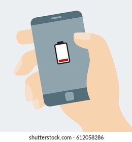 Hand holding smart phone running out of charge. Low battery icon