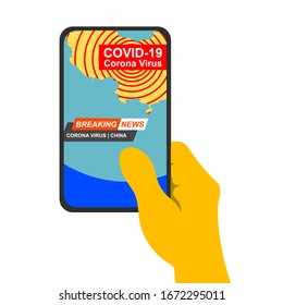 Hand holding smart phone screen show corona virus breaking news vector illustration | EPS 10