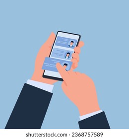 hand holding smart phone selecting potential new employees, metaphor of recruitment
