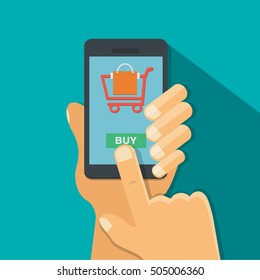 Hand holding smart phone with shopping online app on the screen,Long shadow - vector illustration