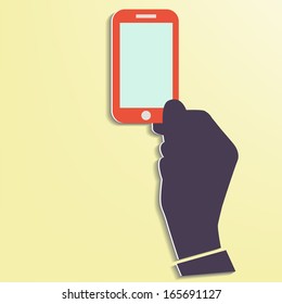 Hand holding Smart phone showing screen New Technology concept trendy style flat design in vector