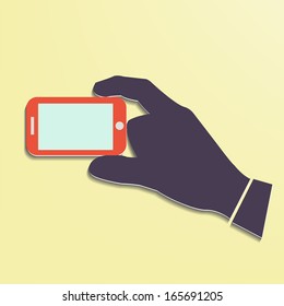 Hand holding Smart phone showing screen New Technology concept trendy style flat design in vector