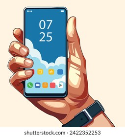 hand holding a smart phone simple vector image 